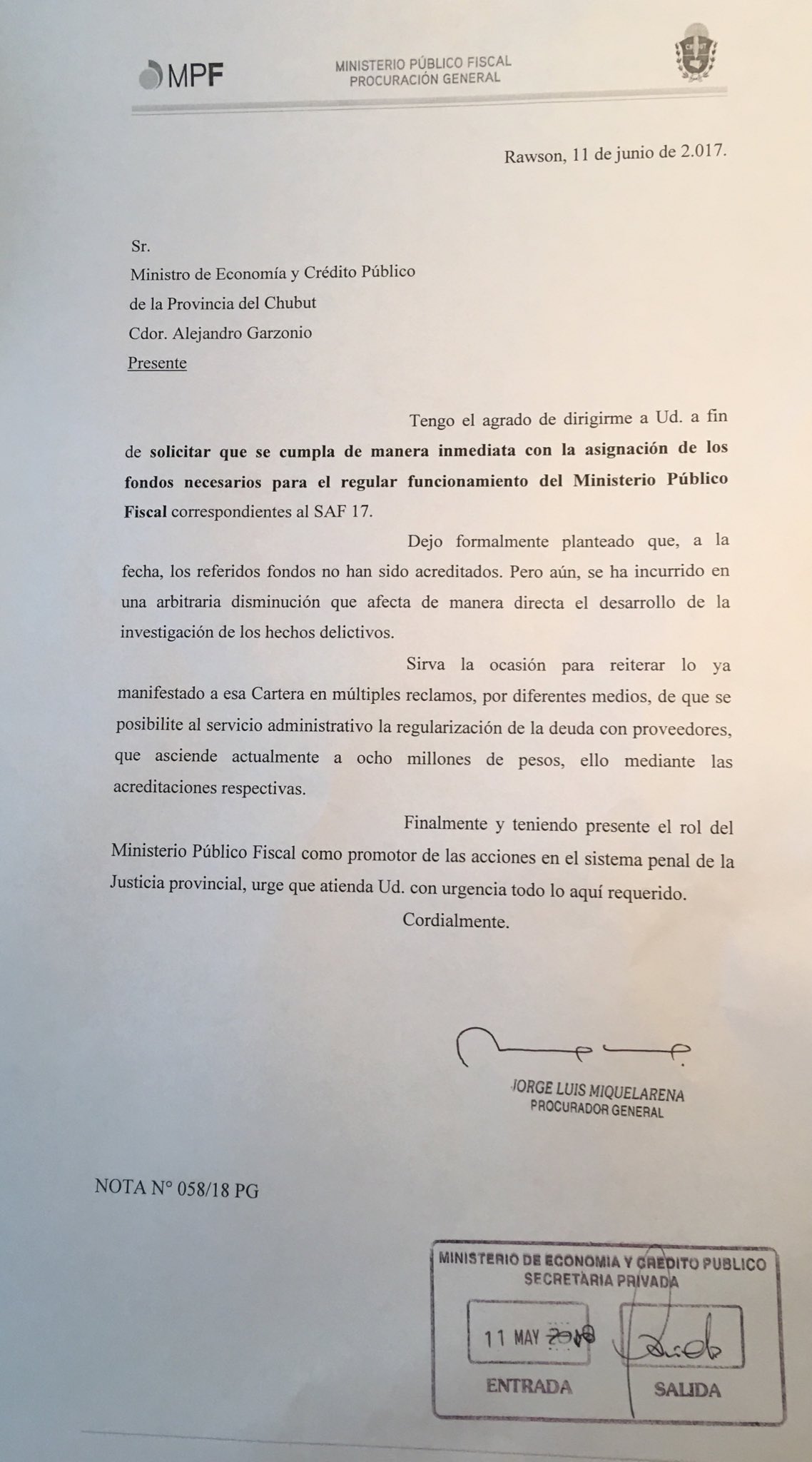 Ministerio Público Fiscal reclamó la asignacion de fondos a  Economía