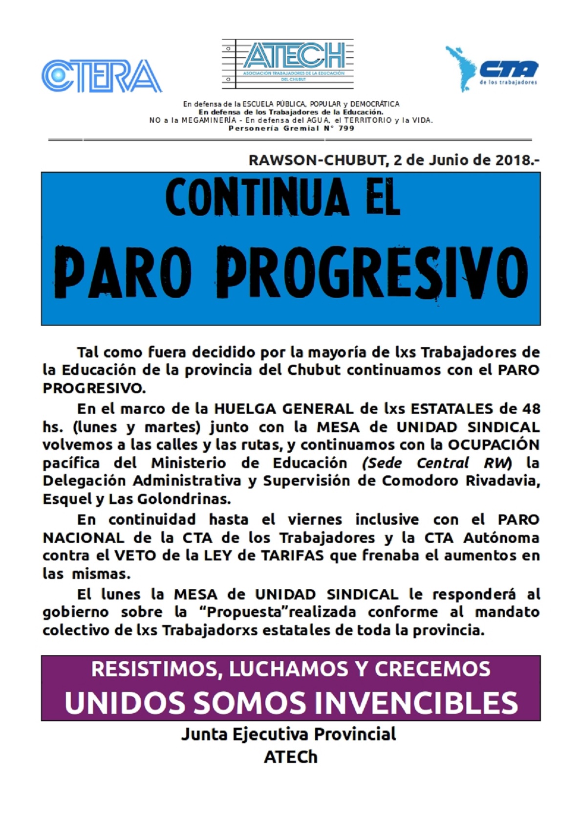 Continúa el Paro Progresivo en Chubut