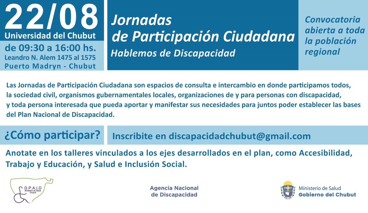 Salud invita a participar de Jornadas de Discapacidad en Madryn y Rawson