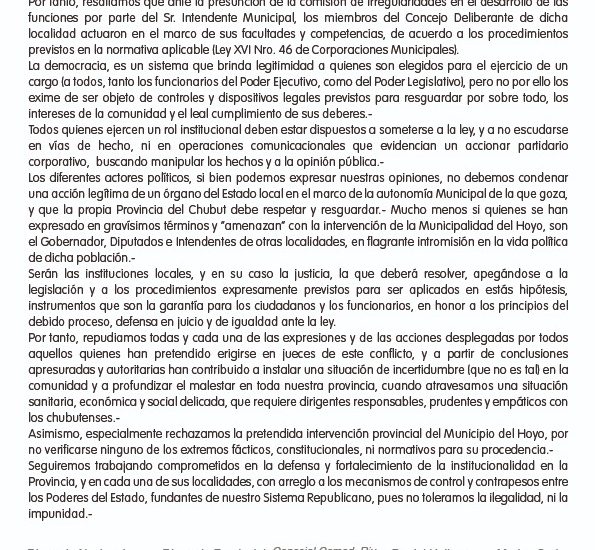 COMUNICADO PRO CHUBUT POR SITUACIÓN DE EL HOYO