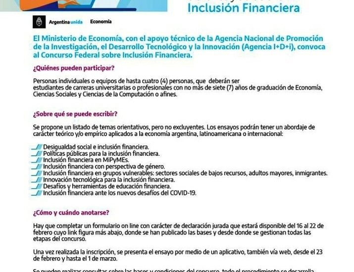 LA SECRETARÍA DE CIENCIA Y CULTURA INVITA A PARTICIPAR DEL CONCURSO  FEDERAL SOBRE INCLUSIÓN FINANCIERA