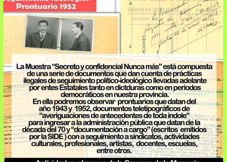 SEMANA DE LA MEMORIA: DERECHOS HUMANOS INVITA A LA INAUGURACIÓN DE LA MUESTRA “SECRETO Y CONFIDENCIAL NUNCA MAS”