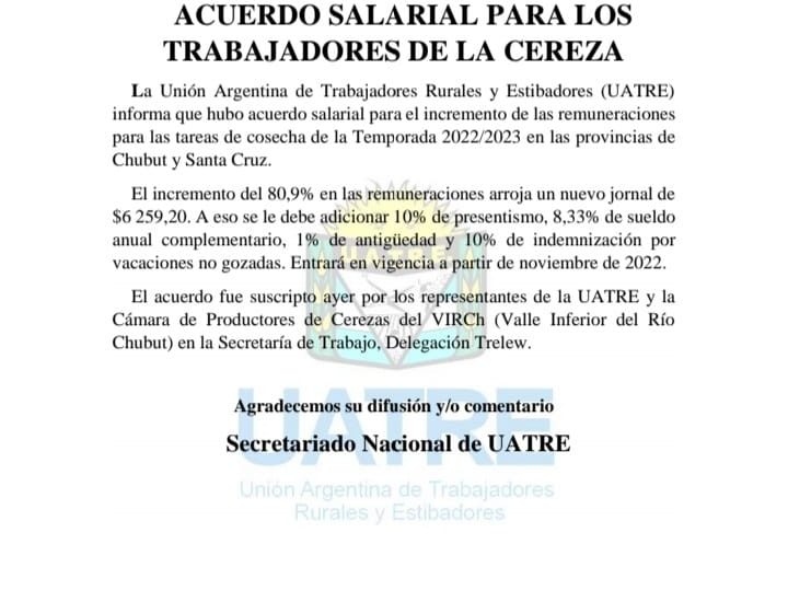 UATRE: ACUERDO SALARIAL PARA LOS TRABAJADORES DE LA CEREZA