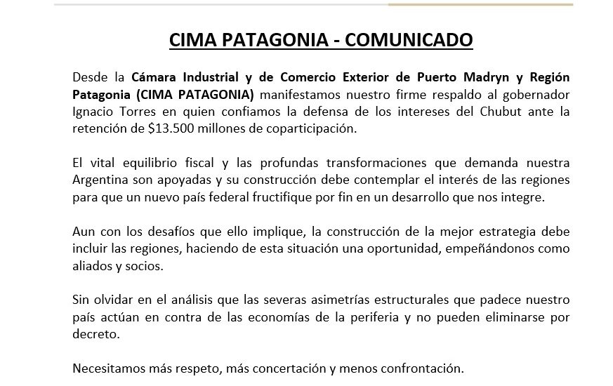 CIMA PATAGONIA respalda al Gobernador Torres en la Defensa de la Coparticipación ante Retención de $13.500 Millones