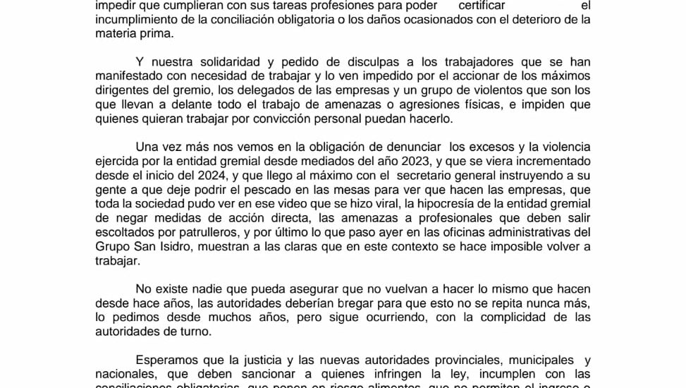 Solidaridad de la Cámara de Industrias Pesqueras con Trabajadores de Empresa San Isidro