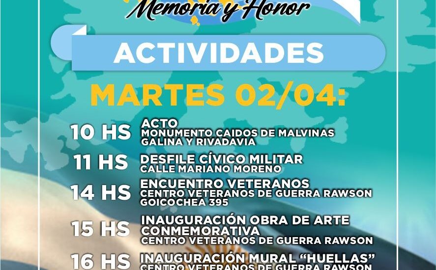 Este martes continúan en Rawson las actividades por el 42° aniversario de la Gesta de Malvinas