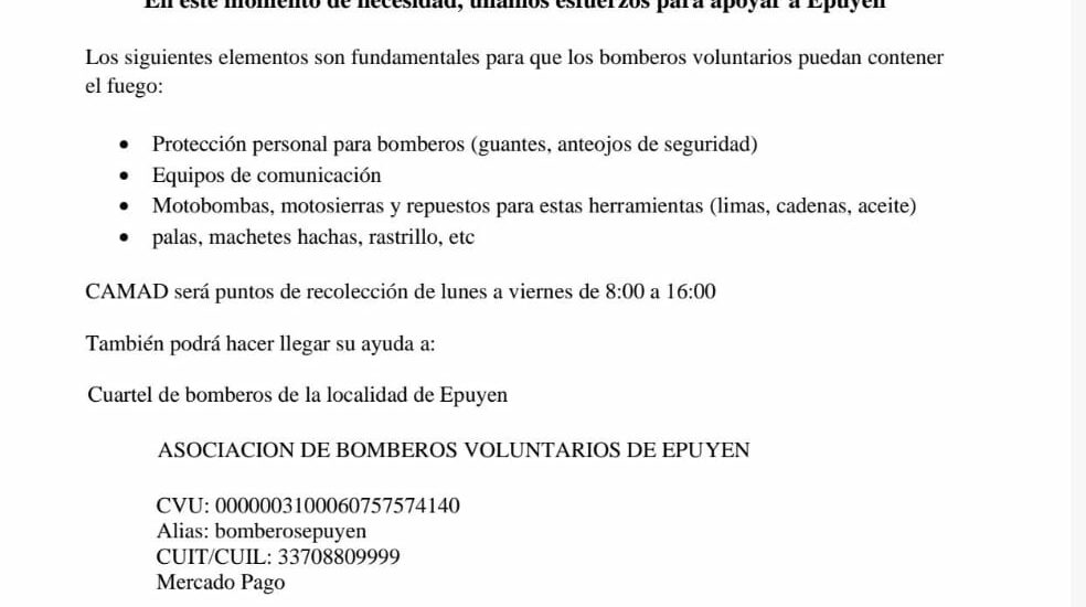 La Cámara de Comercio de Puerto Madryn lanza campaña de recolección para los bomberos de Epuyén